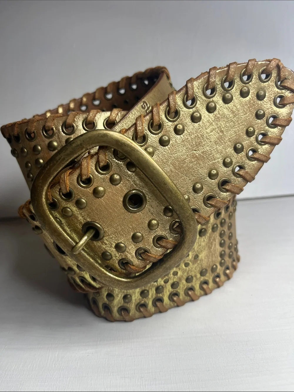 Calvin Klein Gold Studded Leather Belt Sz Large